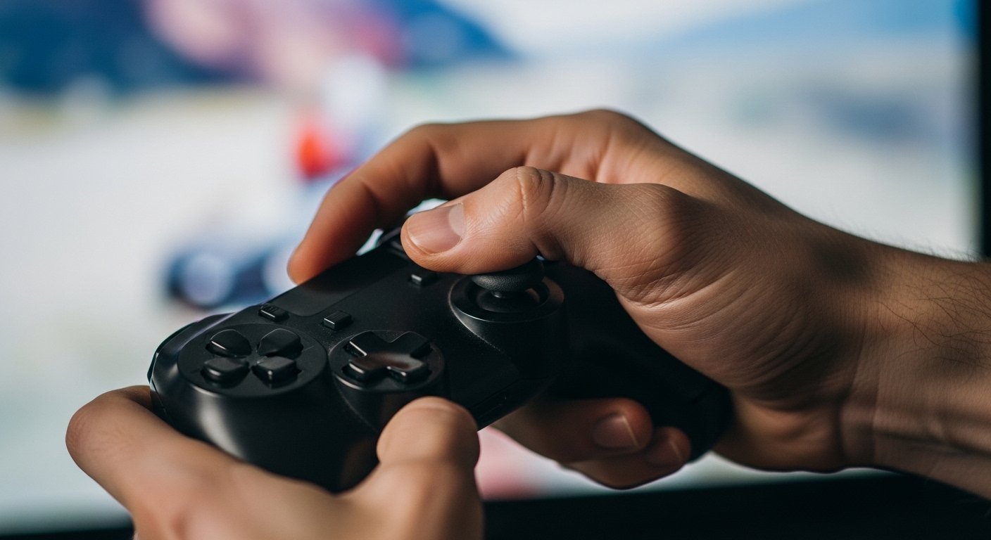 Close up of a gamer playing intense boys games